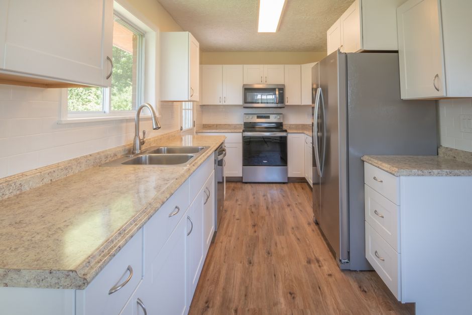 Porcelain tile floor in a renovated kitchen